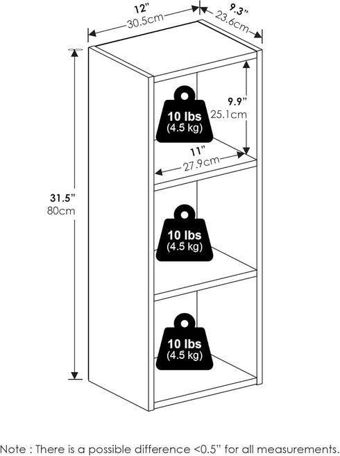 3-Tier 9 12 32, Furinno PASIR Book Shelf, Bookshelf, Bookcase with Open Shelves, x x for Living Room, Bedroom, Home
