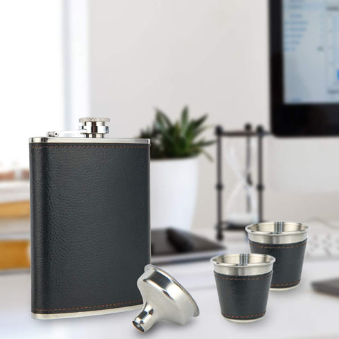 Hip Flask Gift Set, 8 Oz Hip Flasks for Liquor with Black Leather Cover, 18/8 Stainless Steel, 2 Cups & Funnel, Gift Box