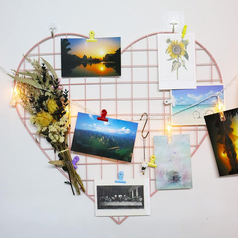 Grid Photo Wall Panels, 22.4"x20.4" Heart Shape Iron Rack Art Wire Board, DIY Photo Frame for Home and Office, Pink