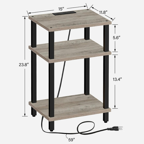 TUTOTAK End Table with Charging Station, Nightstand with USB Ports, 3-Tier Storage Shelf for Small Space, Sofa Table