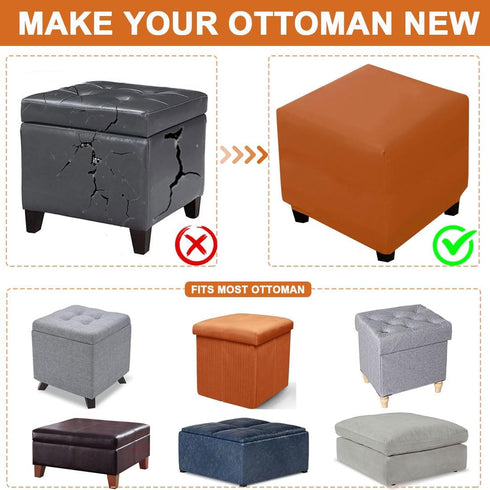 Waterproof Ottoman Cover Square Stretch PU Soft Folding Storage Ottoman Cover with Elastic Bottom Cube Footrest Foot