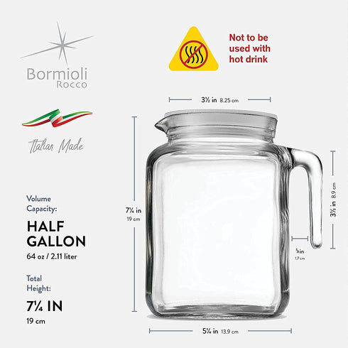 Bormioli Rocco Frigoverre Jug, 68 oz, 2 Liter, Hermetic Lid