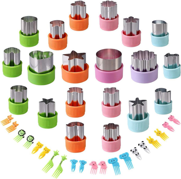 Vegetable Cutters Shapes Set, 20pcs Stainless Steel Mini Cookie Cutters + 20pcs Cute Cartoon Animals Food Picks