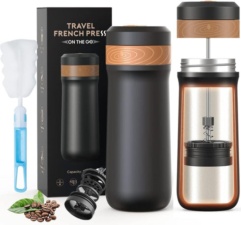 Classic Portable French Press Coffee Mug, 12 oz Stainless Steel Coffee Maker with Carry Loop