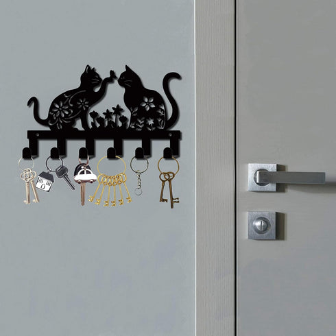CREATCABIN Cat Metal Key Holder: Wall Mounted Iron Key Hanger with 6 Hooks, Black Rack Organizer for Entryway Decor
