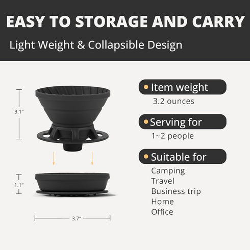 Collapsible Coffee Dripper - Silicone Reusable Pour Over Coffee Maker for Camping, 1-2 Cup (Black)