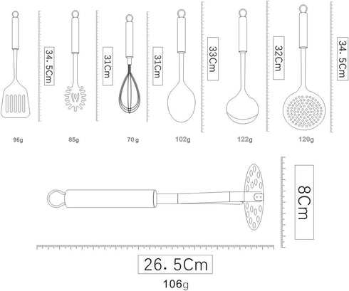 Berglander Cooking Utensil Set 8 Piece, Stainless Steel Kitchen Tool Set with Stand,Cooking Utensils, Slotted Tuner, Ladle, Skimmer, Serving Spoon, Pasta Server,Potato Maseher, Egg Whisk. (8 Pieces) by Berglander