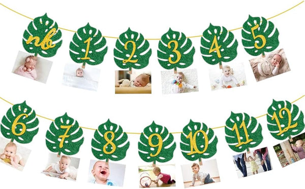 MATTTIME Tropical 12 Month Leaf Banner, 1st Birthday Glitter Jungle Safari Wild One Monthly Photo Prop Decoration