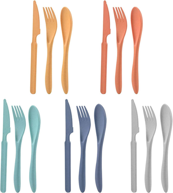 Wheat Straw Cutlery Set, Knives Spoons and Forks Set, Reusable Flatware for 5, Party, Travel, Work, Picnic, Camping