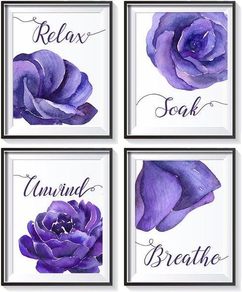 heshengzaixian Purple Flower Bathroom Wall Art Print, Mauve Rose Floral Relax Soak Unwind Quotes, Set of 4, 8X10in