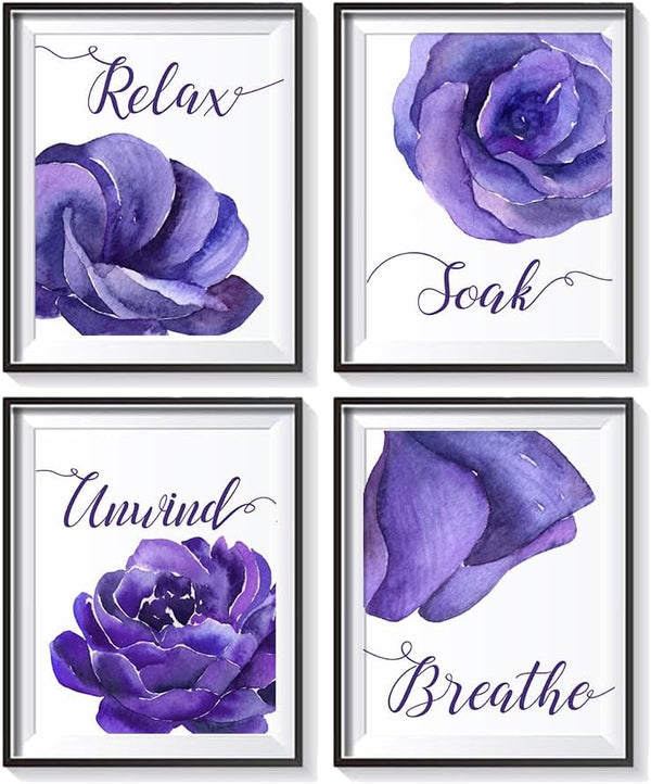 heshengzaixian Purple Flower Bathroom Wall Art Print, Mauve Rose Floral Relax Soak Unwind Quotes, Set of 4, 8X10in