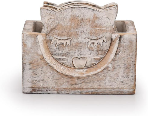 NIRMAN Wooden Crafted Unique Cat Shaped Coasters Set of 6 with Holder for Bar Dining Table Home Décor