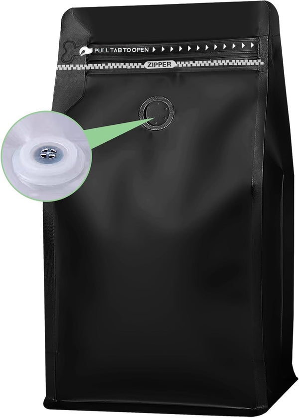 REMTAP Coffee Bags with Valve(50pcs,12 oz,3/4 lb) balck High Barrier Aluminumed Foil