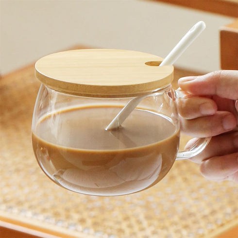 TREEWOO GOOD MORNING Clear Mug For Coffee Dessert Milk Tea Yogurt Round Glass Cup Handgrip Drinkware With Bamboo Lid