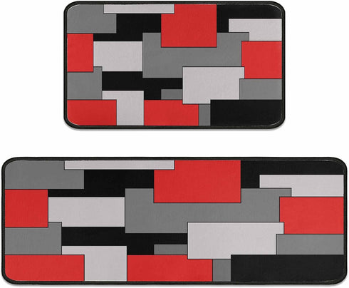 Set 2- 17x47.2 17x30 inches Kitchen Rugs of Red, Black, and Grey Modern Geometric Non-Slip Washable Floor Mats