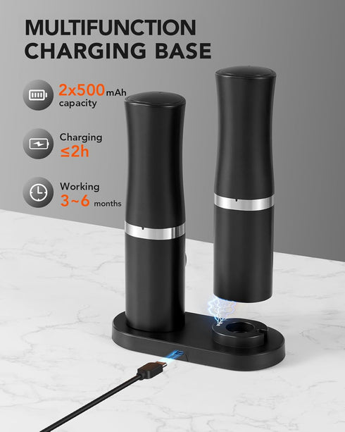 Set 2 FORLIM Rechargeable Electric Salt and Pepper Grinder with Charging Base, Automatic Pepper Mill, Adjustable