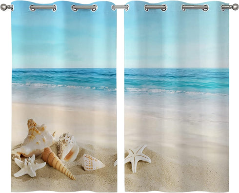 ALALAL Beach Bathroom Curtains, Summer Tropical Starfish Seashell Grommet Privacy Curtain, 2 Panels 26 x 39 Inch