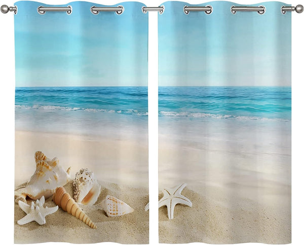 ALALAL Beach Bathroom Curtains, Summer Tropical Starfish Seashell Grommet Privacy Curtain, 2 Panels 26 x 39 Inch