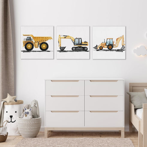 brayqu Set 3 12x12 Inch of Construction Nursery Canvas Wall Art Vehicle Framed Paintings Prints Watercolor Dump Truck