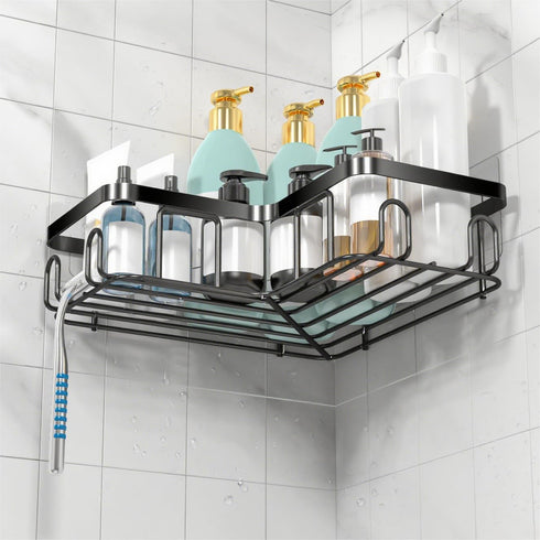 Moforoco Corner Shower Caddy Shelf Organizer Rack, Self Adhesive Black Bathroom Shelves Basket, Home Wall Shower Inside