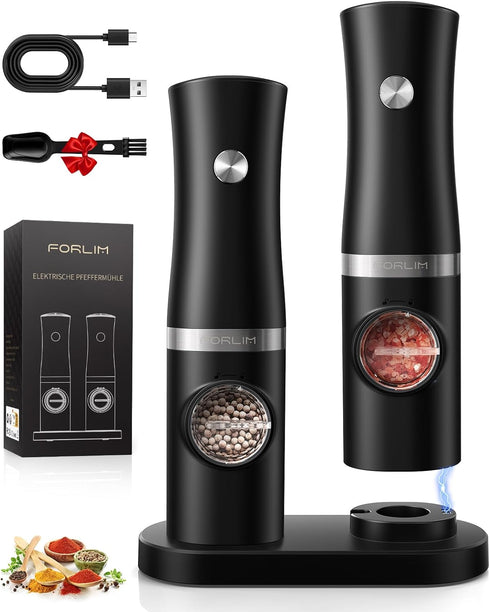 FORLIM Rechargeable Electric Salt and Pepper Grinder Set with Charging Base, Automatic