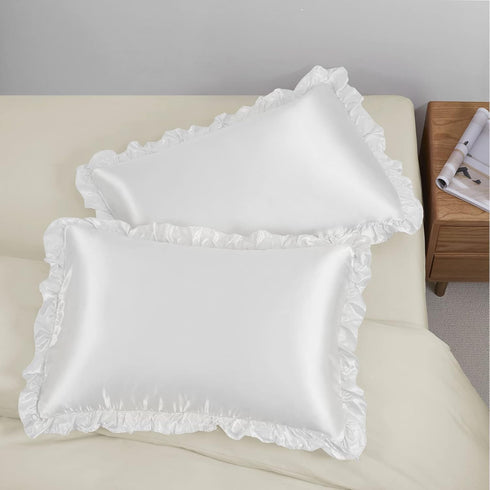 SiinvdaBZX Ruffled Queen Satin Pillowcase Set of 2, Ivory White Silky Satin Pillow Cases for Women, Ruffle Pillow Shams