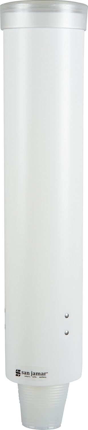 San Jamar Medium Cup Dispenser for 4-10 Oz. Cups, White Plastic, 16 Inches, Flip Cap for Restaurants