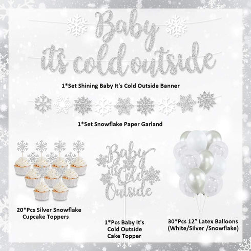 Baby It’s Cold Outside Party Decorations, Silver Banner, Snowflake Balloons, Garland