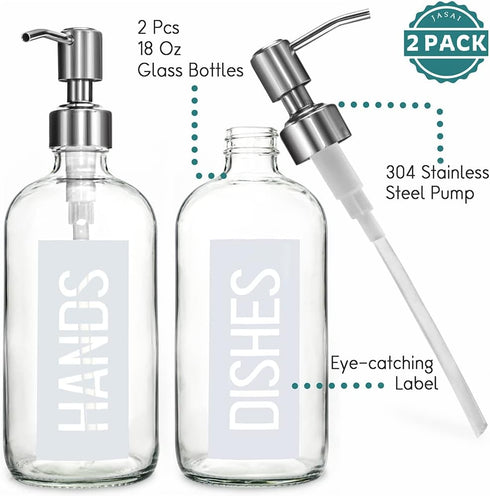 JASAI 2Pack Glass Soap Dispenser, 18OZ, White, Rustproof 304 Stainless Steel Pump, Kitchen Soap Dispenser with Labels