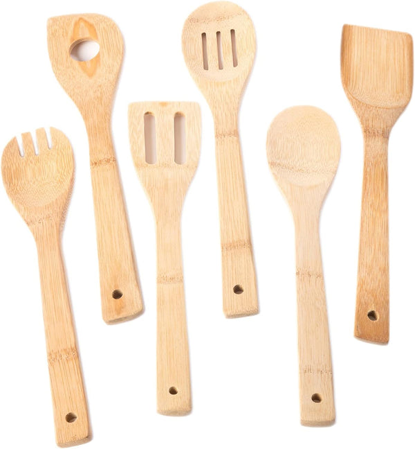 Huji Bamboo Wooden Spoons Set - Wooden Spatula Spoon for Cooking - Nonstick Kitchen Utensils