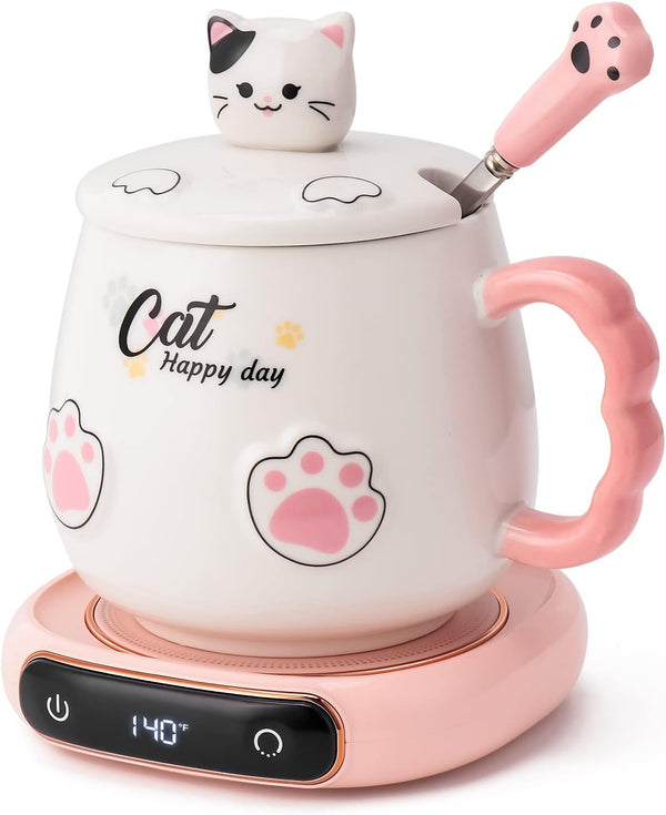 Bgbg Coffee Mug Warmer & Cute Cat Mug Set, Beverage Cup Warmer for Desk with Three Temperature Settings