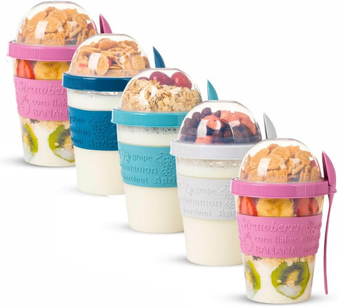 5 Pack On The Go Cereal Yogurt Cups with Lids and Spoon,