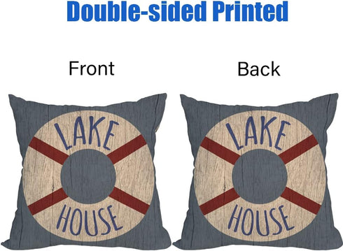 2 Waterproof Outdoor Lake House Pillow Covers 22x22 Inch, Vintage Summer Coastal Nautical Life Buoy Throw Pillow Cases