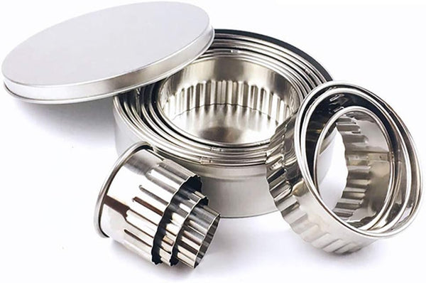 Stainless Steel Round Cookie Biscuit Cutter Set, 12 Pieces, Fluted Edge Graduated Ring Sizes
