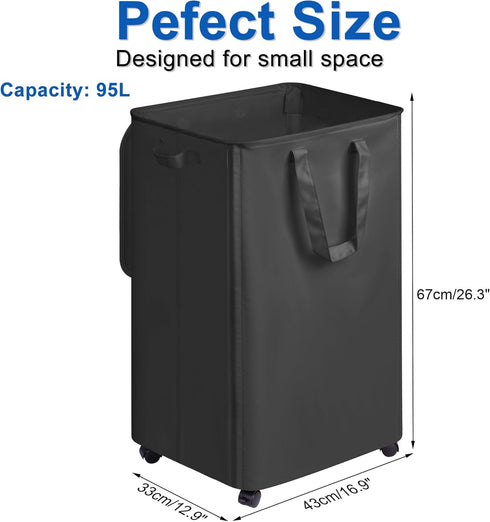 95L Vincona Slim Laundry Hamper with Lid and Wheels, Small Rolling Laundry Basket with Handle for Small Spaces, Tall