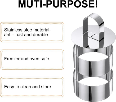 uxcell 1 Set Round Cake Ring, Stainless Steel Dessert Mousse Rings with Pusher for Mousse Cake, Silver