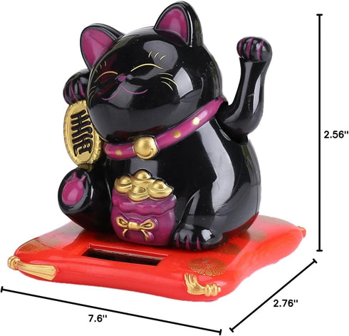 Lucky Beckoning Cat, Solar Powered Waving Wealth Cat, Feng Shui Decor, 3" Tall, Black