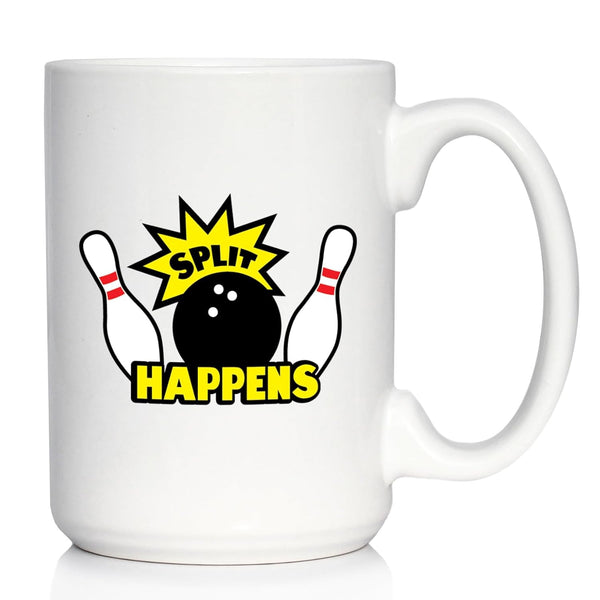 Split Happens - Large 15oz Bowling Coffee Mug - Funny Bowling Gifts and Decor for Bowlers
