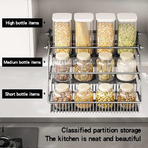3-Tier Shelf(27.5cm/10.8in) Pull Down Spice Rack Organizer for Inside Cabinet Pantry Expandable Display Riser Shelf