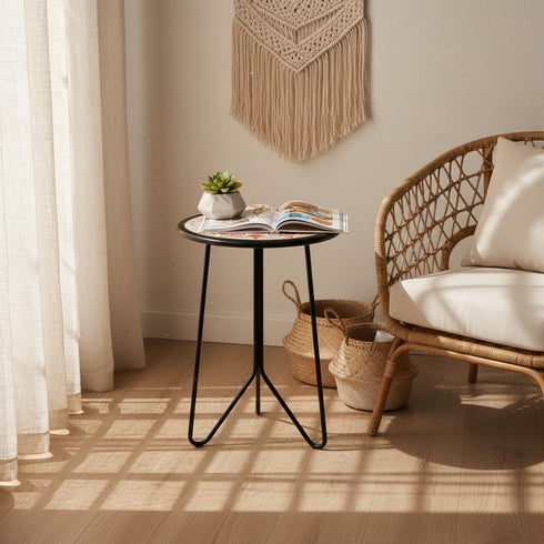 Table,12" LIFFY Outdoor Metal Side Small Outdoor Accent Table with Glass Top,Indoor Round Home Decorative End