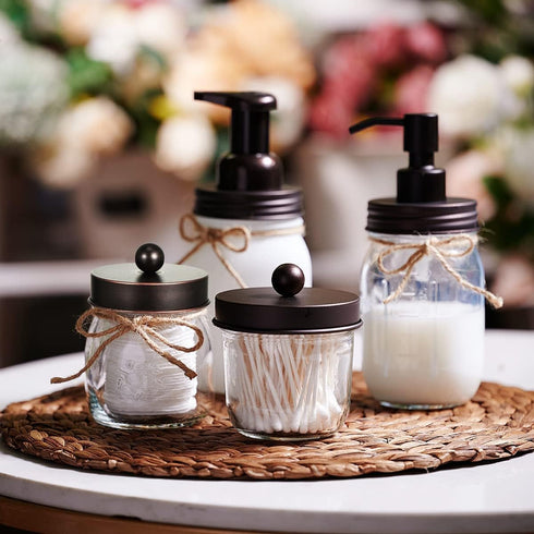 Amolliar Mason Jar Bathroom Organizer - Rustic Farmhouse Decor Accessories - Oil Rubbed Bronze Qtip Holder Dispenser (2
