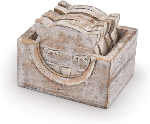 NIRMAN Wooden Crafted Unique Cat Shaped Coasters Set of 6 with Holder for Bar Dining Table Home Décor