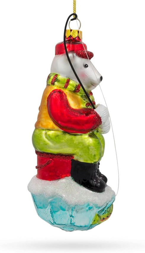 Polar Bear Ice Fishing Blown Glass Christmas Ornament
