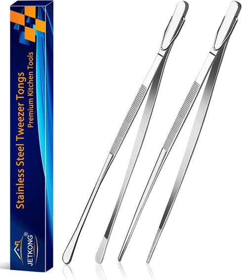 JETKONG 2 Pcs 12-Inch Extra-Long Stainless Steel Kitchen Tweezers, Fine Tweezer Tongs, Silver