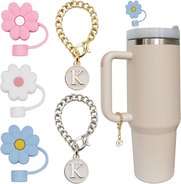 3PCS Flower Silicone Straw Cover for Stanley Cup 30&40 Oz with 2PCS Initial Personalized Letter Charm