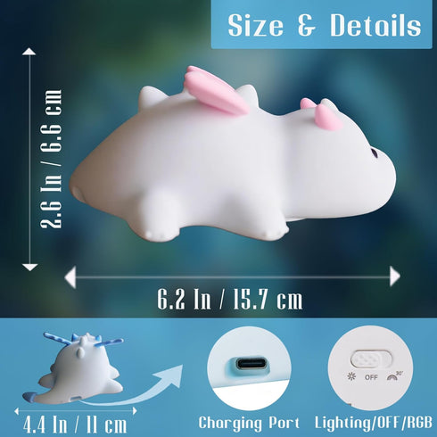 3 Dragon Night Light, Cute Pink Dragon Gifts, Soft Silicone Lamp with Level Warm Light and RGB Changing, Breastfeeding