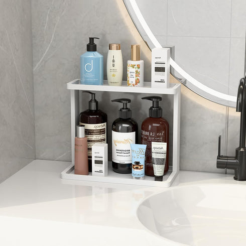PEKER Countertop Bamboo Bathroom Organizer Small Vanity Storage Shelf for Makeup, Perfume, Skincare Natural Cosmetics
