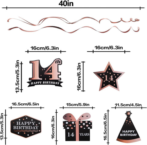 LINGTEER Happy 14th Birthday Decorations, 12 Pcs Black & Rose Gold Foil Swirls Streamer Set for Fourteen Years Old