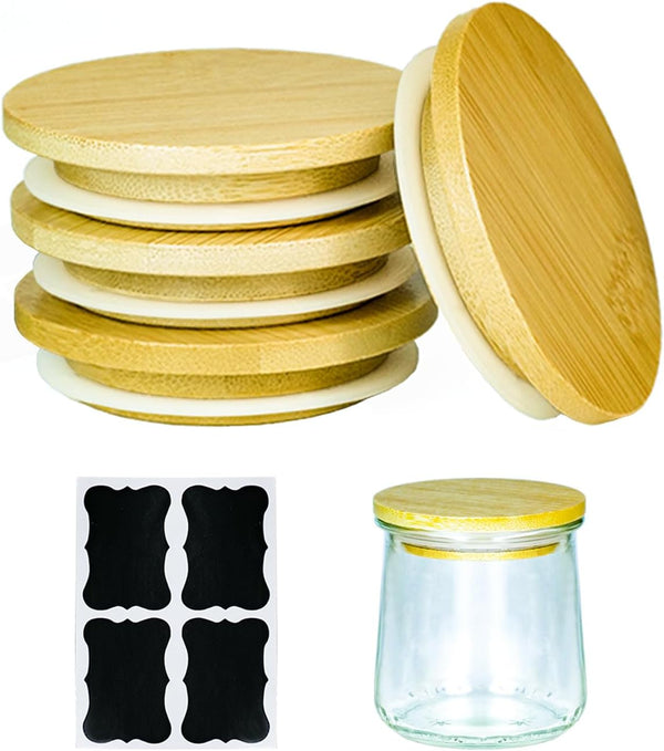 4 Pack Oui Yogurt Jar Lids with 4 Labels, Food-Grade Bamboo Lids