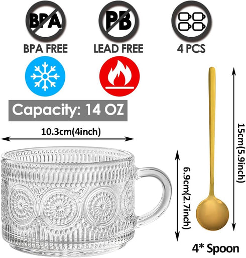 Set 4,14 OZ (2*Flower+2*Beads) Vintage Glass Coffee Mugs of Embossed Glass Coffee Cups Coffee Mugs for Cereal, Yogurt